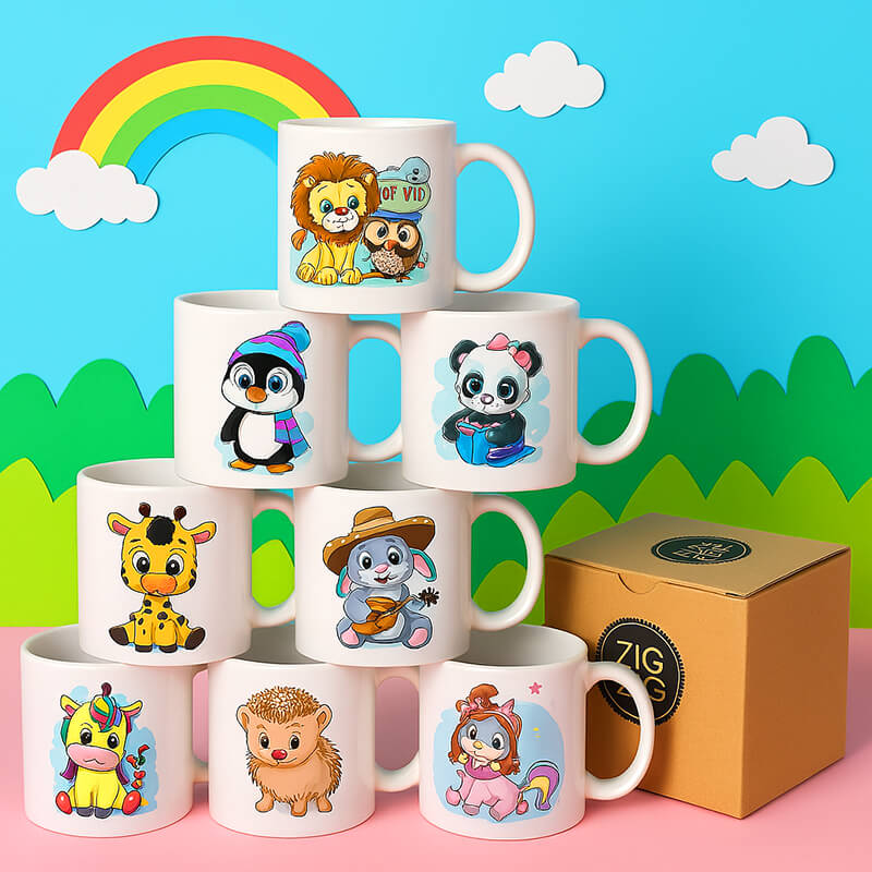 ماگ‌های سرامیکی سفید با چاپ شخصیت‌های کارتونی حیوانات بامزه، مناسب هدیه کودک و چاپ طرح دلخواه