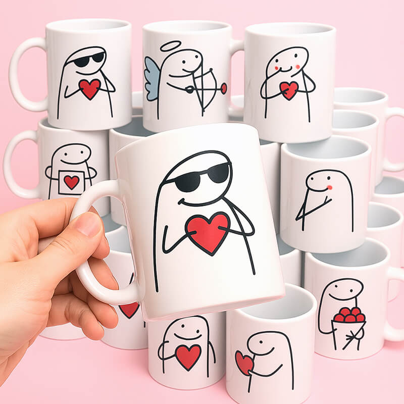 نمای نزدیک از ماگ‌های سرامیکی سفید با چاپ شخصیت‌های کارتونی عاشقانه در زمینه صورتی