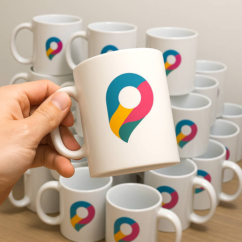 ماگ سرامیکی سفید با چاپ لوگوی رنگی مدرن، مناسب برای سفارش تبلیغاتی یا چاپ طرح دلخواه