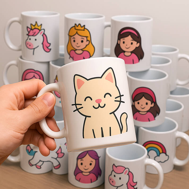 نمای نزدیک از ماگ‌های سرامیکی سفید با چاپ طرح دلخواه کارتونی، مناسب برای هدیه و شخصی‌سازی